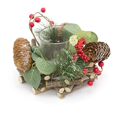 Image of 15cm Traditional Christmas Tealight Candle Holder Wreath Centerpiece