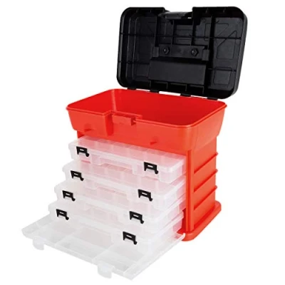 Image of Storage Tool Box Portable Multipurpose Organizer with Main Top Compartment and 4 Removable Multi Trays by Stalwart,Red,11 in x 7 10