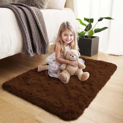 Image of Hafaa Rugs Living Room Bedroom Fluffy Shaggy Brown Area Non Slip Modern Super Soft Pile Plush Carpet Shedding Easy To Clean Rug, 60cm x 110cm
