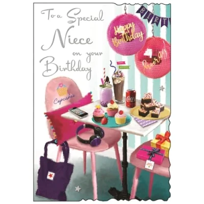 Image of Niece Birthday Card Special Ice Cream and Cakes Girly Design Finishes Illustrated Insert Leaf Made in the UK
