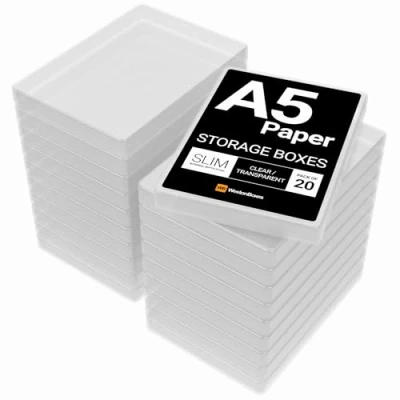 Image of WestonBoxes A5 Slim Plastic Presentation Boxes with Lids for Paper and Cardmaking Supplies (Pack of 20, Clear (Transparent))