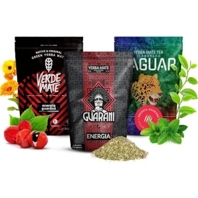 Image of 3 x 500 g of Yerba Mate with Guarana Stimulating Verde Green Energia Guarani full caffeine Yaguar For beginners and advanced alike.