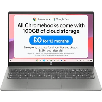 Image of HP Chromebook 15&quot; Intel N100 Processor 4 GB RAM 128 Flash Storage UHD Graphics HD Display Up to 11hrs 30mins battery Chrome OS Dual Speakers Mineral Silver 15a nb0005sa