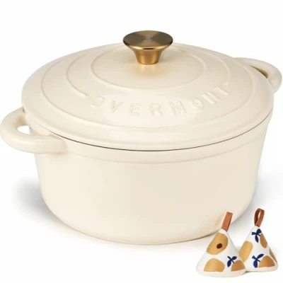 Image of Overmont 4.2L Enamelled Cast Iron Round Casserole Pot With Lid Cookbook &amp; Cotton Potholders Non stick Dutch Oven Cookware for Braising, Stews, Roasting, Bread Baking White, 24cm