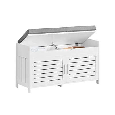 Image of SoBuy FSR102 W, Shoe Rack Bench Cabinet with Folding Padded Seat and 2 Doors, W90 x D33 H50cm