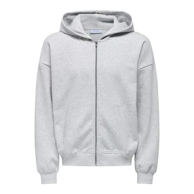 Image of Only &amp; Sons Onsturner Oversized ZIP Hoodie Hoodie, Men&#039;s, Size: XS, Light grey melange