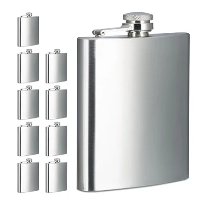 Image of Relaxdays 10x Hip Flask, 200ml Each, Stainless Steel, Beverages to go, Fits in Pocket, HWD: 12.5 x 9.5 2.5 cm, Silver, 2 cm