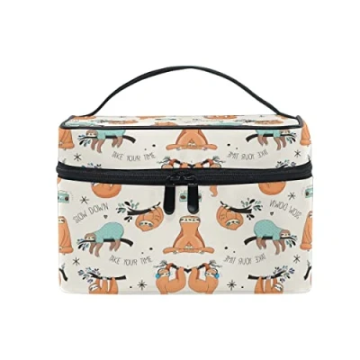 Image of Makeup Bag, Cute Sloth Print Cosmetic Toiletry Storage Large Travel Handle Personalised Pouch with Compartments for Teenage Girl Women Lady White Black