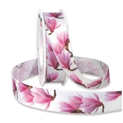 Image of Präsent Magnolien Printed Satin Ribbon White 20 m Roll 25 mm width