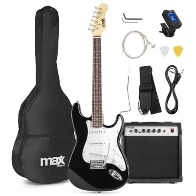 Image of MAX Gigkit Electric Guitar &amp; Amp Package Complete Beginner Guitars Kit with 6 Months Lessons, 20W Amplifier, Accessories Carry Bag Sunburst Design
