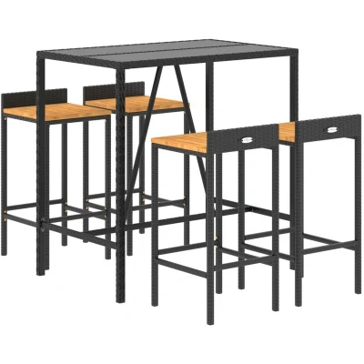 Image of vidaXL 5 Piece Garden Bar Set Black Poly Rattan&amp; Solid Wood Acacia