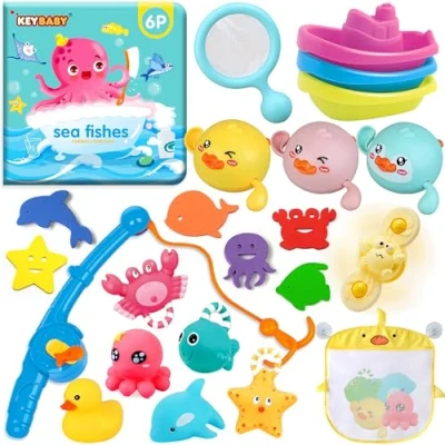 Image of Chennyfun Fishing Baby Bath Toy Game Set for Kids Time Pool Party Water Toys, with Pole Rod Net, Books, Floating Bathtub Toys Toddler Christmas Birthday Gifts