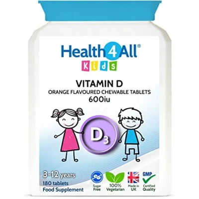 Image of Kids Vitamin D3 600iu Chewable 180 Tablets. Sugar Free. Natural Orange Flavour. Made by Health4All UK