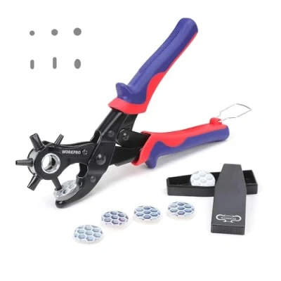 Image of WORKPRO Leather Hole Punch, Belt Puncher, Heavy Duty Revolving Punch Plier with 6 Holes, Multi Sized for Belts, Crafts, Card, Rubber, etc.