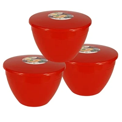 Image of Just Pudding Basins Pack of 3 Red Plastic Basin and lid 2 Pint Large Size Food Safe Steaming Bowls Bowl &amp; 1.14lt