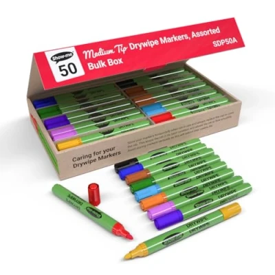 Image of Show Me Whiteboard Pens, Marker Pens For Whiteboard, Long Lasting Markers With Easy Fit Lids, Comfortable &amp; Safe Dry Wipe Anti Splay Nibs Medium, Assorted, 50PK