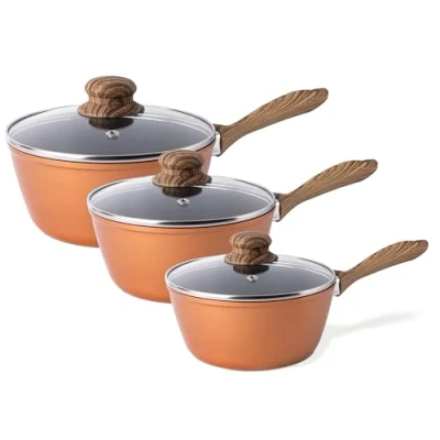 Image of Non Stick Saucepan Set Induction with Lid 3pcs Copper Sauce Pan 16cm, 18cm, 20cm Saucepot by Nuovva