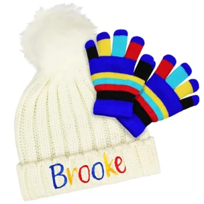 Image of TeddyT&#039;s Personalised Rainbow Name Boys &amp; Girls Bobble Hat Gloves Set