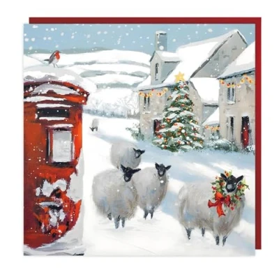 Image of Charity Christmas Cards Pack of 6 Village Sheep Artistic Design Blanket Snow Special Finish Eco Friendly