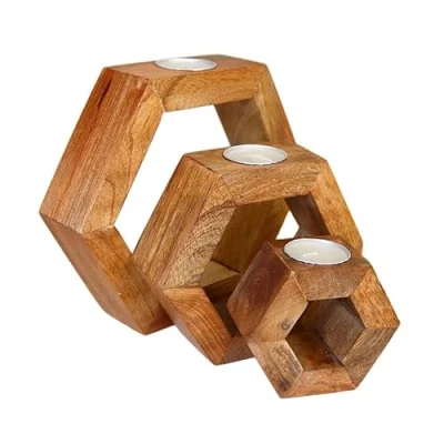 Image of Hexagonal Tea Light Holders Set Of 3 Wooden Block Rustic Nested Candles Included