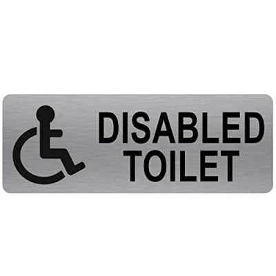 Image of METAL Disabled Toilet Sign WITH IMAGE Brushed Silver Aluminium Warning Safety Security Door Notice Shop Warehouse School Cafe Restaurant Business Mobility Disability Wheelchair Bathroom Lavatory