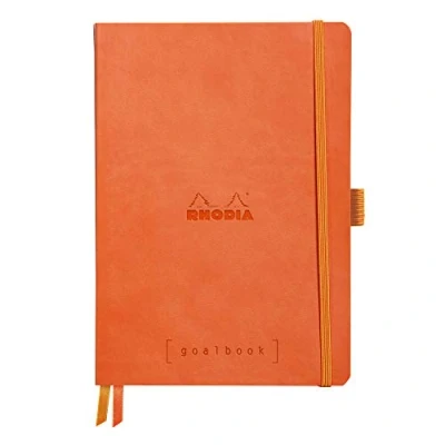 Image of RHODIA 117774C Tangerine Soft Bullet Journal Goalbook Notebook A5 Small Squares 240 pages 90g Ivory Clairefontaine Paper 2 Ribbons, Elastic Closure Faux Leather Cover