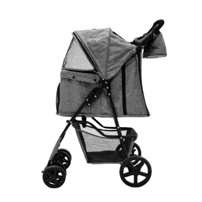 Image of Pet Stroller Pushchair &amp; Caddy Bag Organiser Detachable Blue Tartan Foldable Carrier 15kg Capacity Wheels Brakes Dog Hook Leash Canopy Mesh Windows Basket Cup Holders Pockets Waterproof Rain Cover