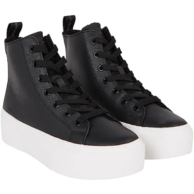 Image of Calvin Klein Jeans Women Cupsole Trainers Flatform Mid Shoes, Black (Black/Bright White), 6 UK