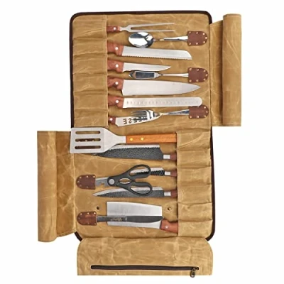 Image of Tourbn TOURBON Chefs Knife Roll Bag 12 Slots Waxed Canvas and Leather Carry Case Portable Kitchen Tool Organizer
