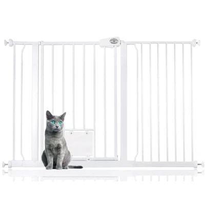 Image of Bettacare Pet Gate with Lockable Cat Flap, 126.7cm 134.3cm, White, 75cm in Height, Dog Safety Barrier Easy Installation