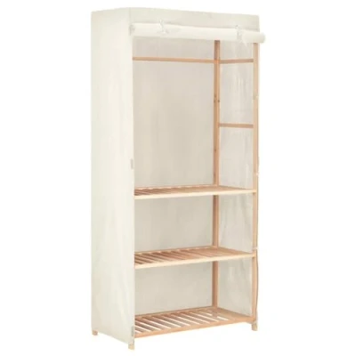 Image of vidaXL 3 Tier Clothes Wardrobe White, Solid Fir Wood &amp; Fabric Construction, Rail for Hanging Clothes, Stable and Easy Assembly, Ideal Bedroom, Kids Room, Hallway
