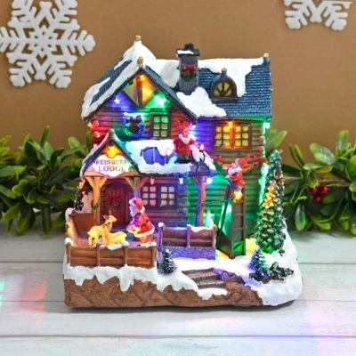 Image of Mr Crimbo Christmas Light Up Snow Scene Reindeer Lodge LED Decoration Music Moving 24cm