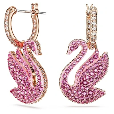 Image of Swarovski Iconic Swan drop earrings, Swan, Pink, Rose gold tone plated