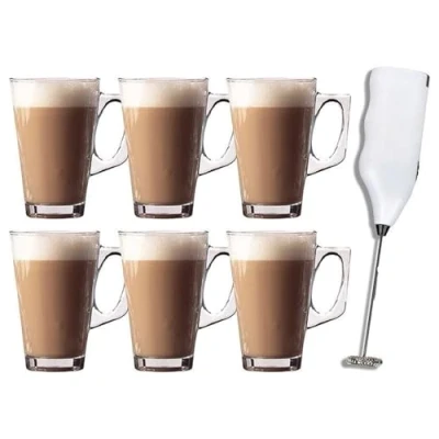 Image of Marco Paul 6pc Latte Glass Set with Included Stirrer Frother Coffee Cup Mugs Sets of 6 Tableware Machine Accessories