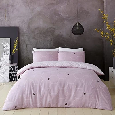 Image of GC GAVENO CAVAILIA Printed Duvet Cover Sets, Reversible Bedding Bed Set, Polycotton Quilt Covers, Bee Happy Blush Pink, Single