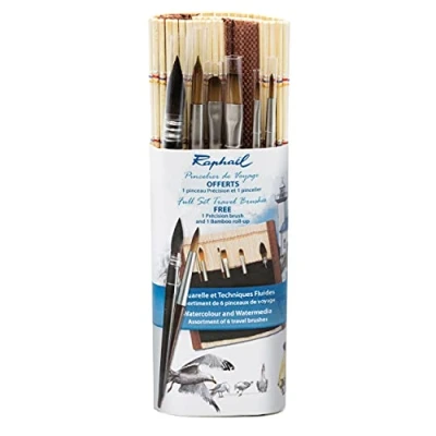 Image of Raphael Mini Travel Brush Set, Bamboo, Synthetic, Natural, Round 0, 2, Flat Filbert 1, Mop 4