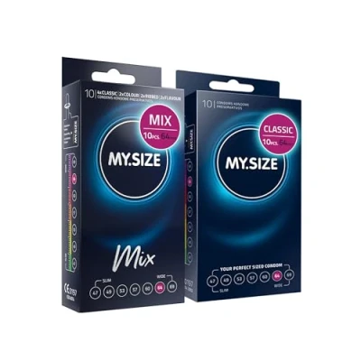 Image of MY.SIZE Mix Set Size 6, 64 mm: 10 Classic Condoms + in 4 exciting Varieties, with Flavor, Color, Ribbed &amp;