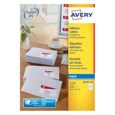 Image of Avery Printable, Customisable Labels, Address, Mailing 21 Labels per A4 Sheet, 100 Sheets, White (J8160 100)