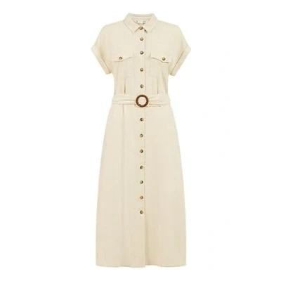 Image of Yumi Womens Stone Viscose Linen Look Midi Shirt Dress With Wooden Belt Natural Size 16 UK