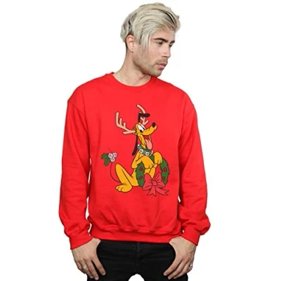 Image of Disney Men&#039;s Pluto Christmas Reindeer Sweatshirt Red Large