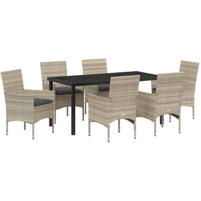 Image of vidaXL 7 Piece Garden Dining Set with Cushions Light Grey Poly Rattan