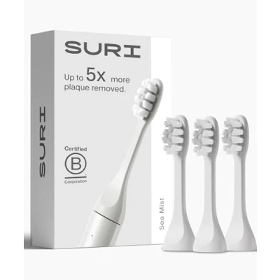 Image of SURI Recyclable Plant Based, Electric Toothbrush Heads Built in Tongue Scraper, Long Lasting Replacement Compatible Only with Sonic Sea Mist, Pack of 3