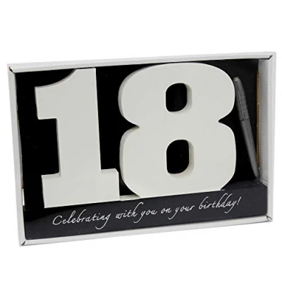 Image of Carousel Home and Gifts birthday signature plaque, numbers 18 keepsake White wooden number blocks with pen included, happy 18th guest book sign