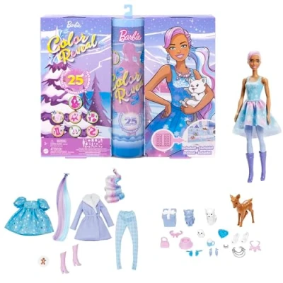 Image of Barbie Color Reveal Advent Calendar, 1 Doll &amp; 3 Pets, Clothes, Accessories 2 Hair Extensions, 25 Surprises, Holiday Gifts for Kids, HJD60