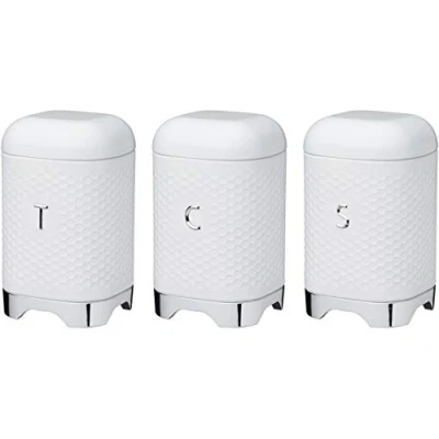 Image of LOVELLO KitchenCraft Textured Tea/Coffee/Sugar Canisters with Geometric Hexagon Pattern, Steel, Ice White, 3 Pieces