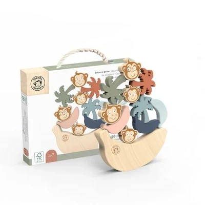 Image of SPEEDY MONKEY Wooden See Saw Game Great Educational Baby Toys with Palm Trees, Bananas &amp; Monkeys Safe, Sustainable Durable FSC Wood Non Toxic Paint Sensory for 3 Year Old Girls Boys
