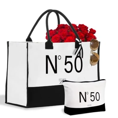 Image of CoCoCherry 50th Birthday Gifts for Women Canvas Tote Bag with Makeup Bag, Ideas Combination Elegant 50 EST.1975. Women, Mum, Wife