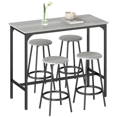 Image of HOMCOM 5 Piece Bar Table Set, Industrial Dining Set for 4 with Stools, Metal Frame, Footrest Kitchen, Living Room, Small Space, Grey