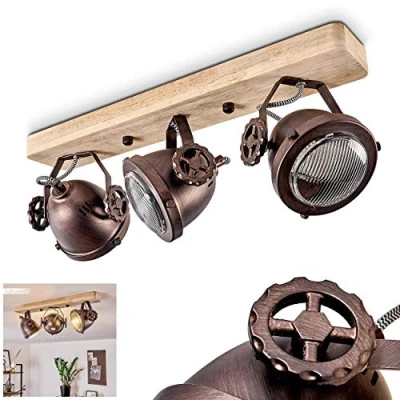 Image of Ceiling lamp Herford, Adjustable Made of Metal/Wood/Glass in Brown/Copper/Nature, 3 Flame, x GU10 socket, Swivel and tiltable spot Retro Design, Without Bulbs