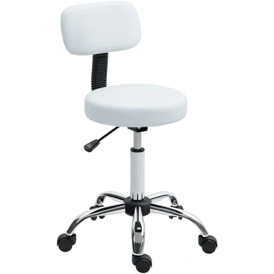 Image of HOMCOM Height Adjustable Rolling Stool with Backrest, Salon Chair Wheels, Faux Leather Swivel Task for Tattoo, Massage, Facial, Spa, Hairdressing, White